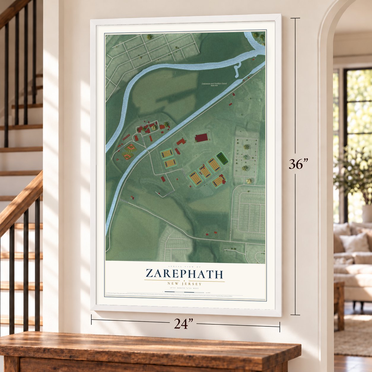 Zarephath, New Jersey map, 24 x 36 inch print in a white frame by a staircase