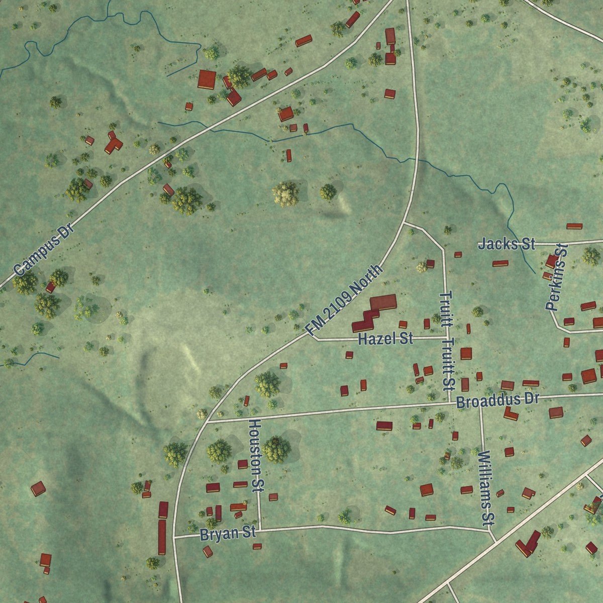 Second close-up of the map of Zavalla, Texas print showing more streets and buildings