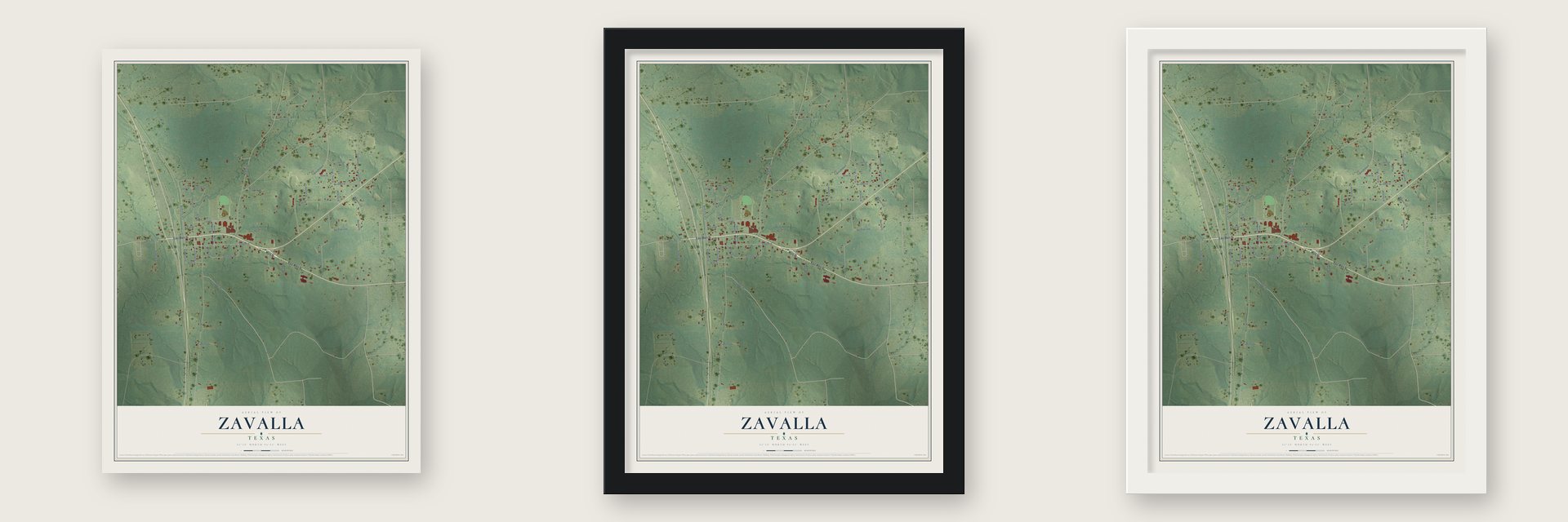 Zavalla, Texas map unframed, in a black wood frame and in a white wood frame