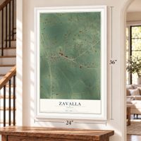 Zavalla, Texas map, 24 x 36 inch print in a white frame by a staircase