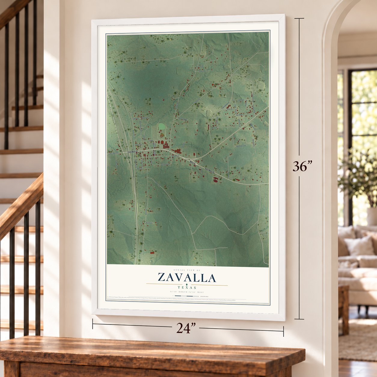 Zavalla, Texas map, 24 x 36 inch print in a white frame by a staircase