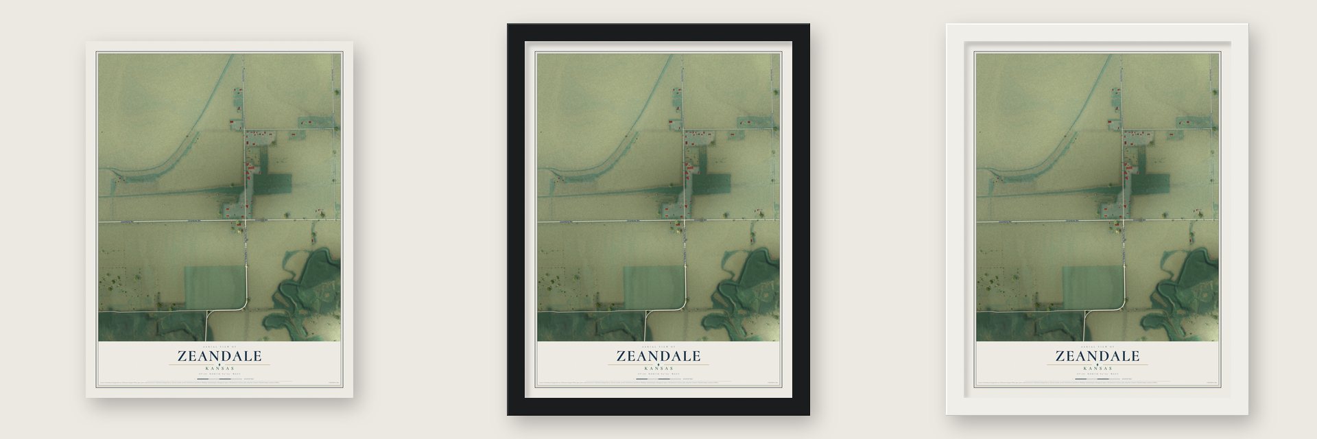 Zeandale, Kansas map unframed, in a black wood frame and in a white wood frame