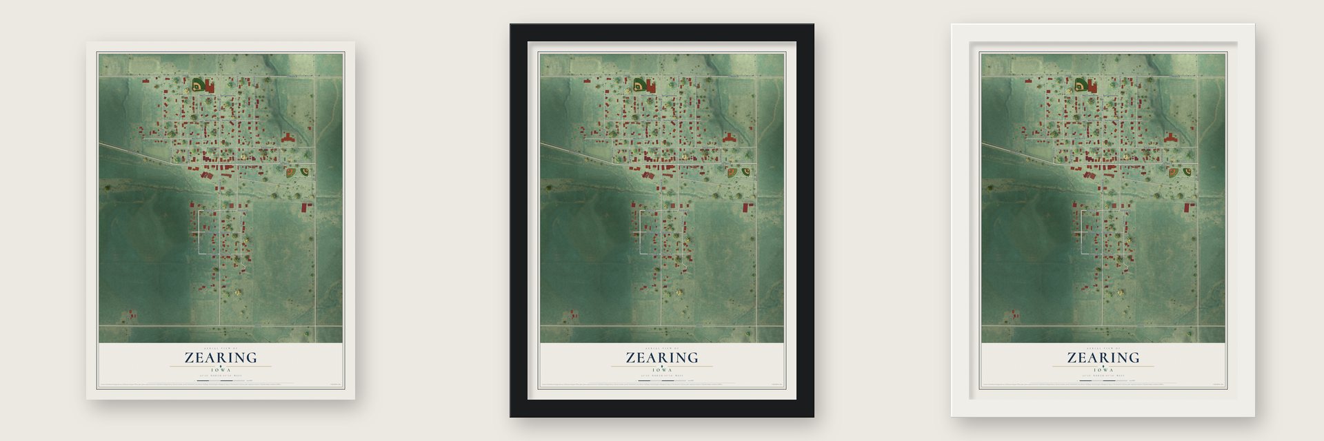 Zearing, Iowa map unframed, in a black wood frame and in a white wood frame