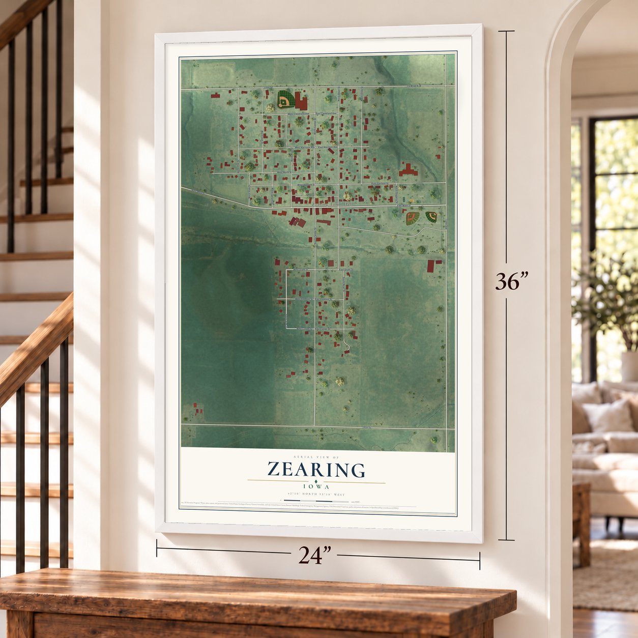 Zearing, Iowa map, 24 x 36 inch print in a white frame by a staircase