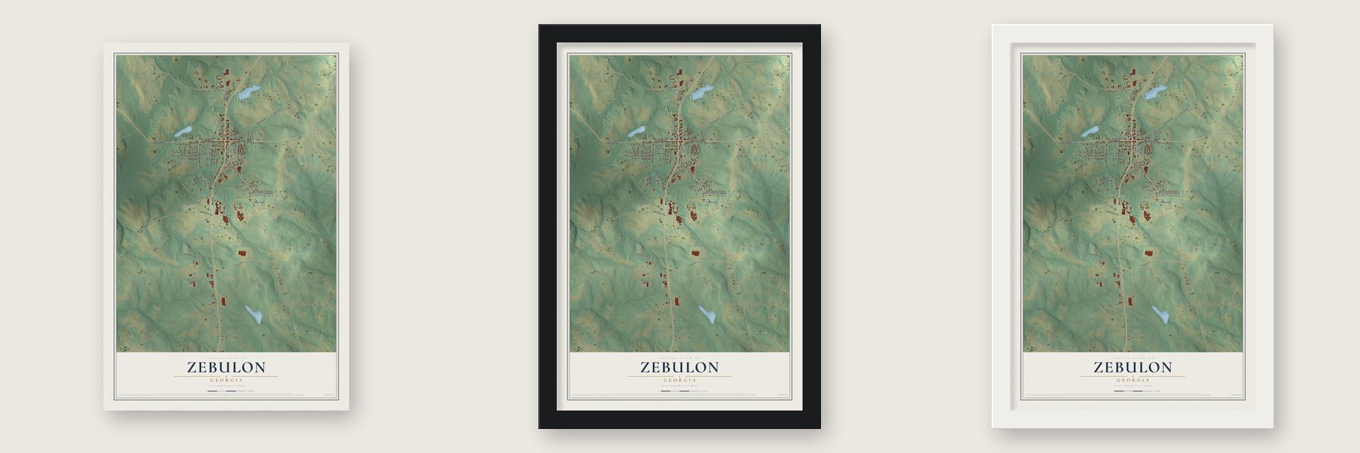 Zebulon, Georgia map unframed, in a black wood frame and in a white wood frame