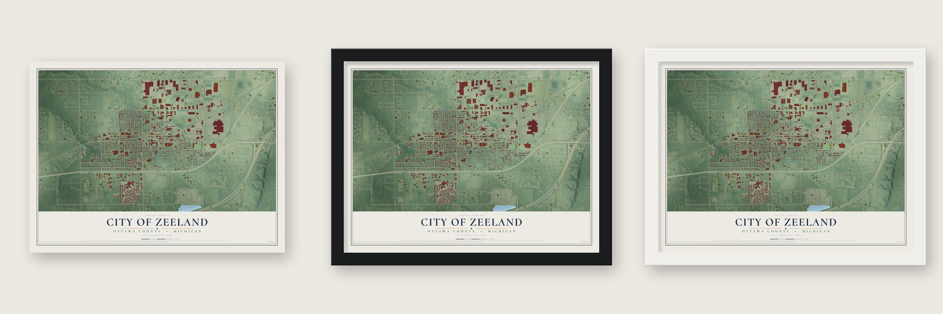 Zeeland, Michigan map unframed, in a black wood frame and in a white wood frame
