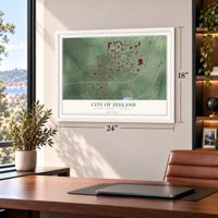 Zeeland, Michigan map, 18 x 24 inch print in a white frame in a home office