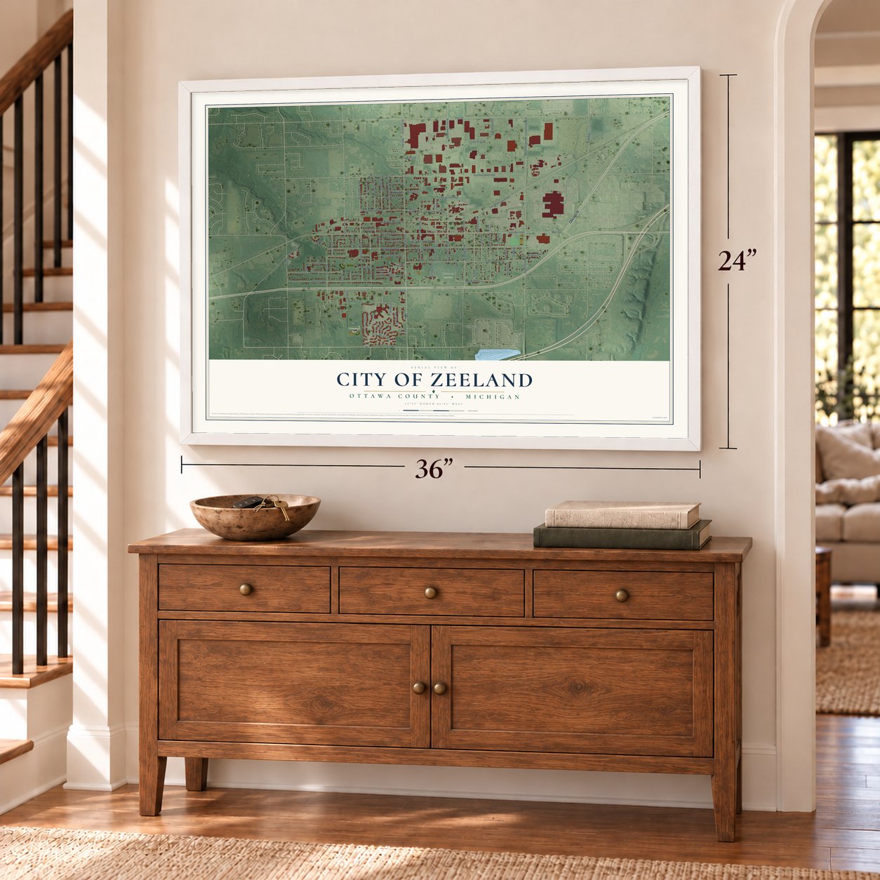 Zeeland, Michigan map, 24 x 36 inch print in a white frame above a dresser by a staircase