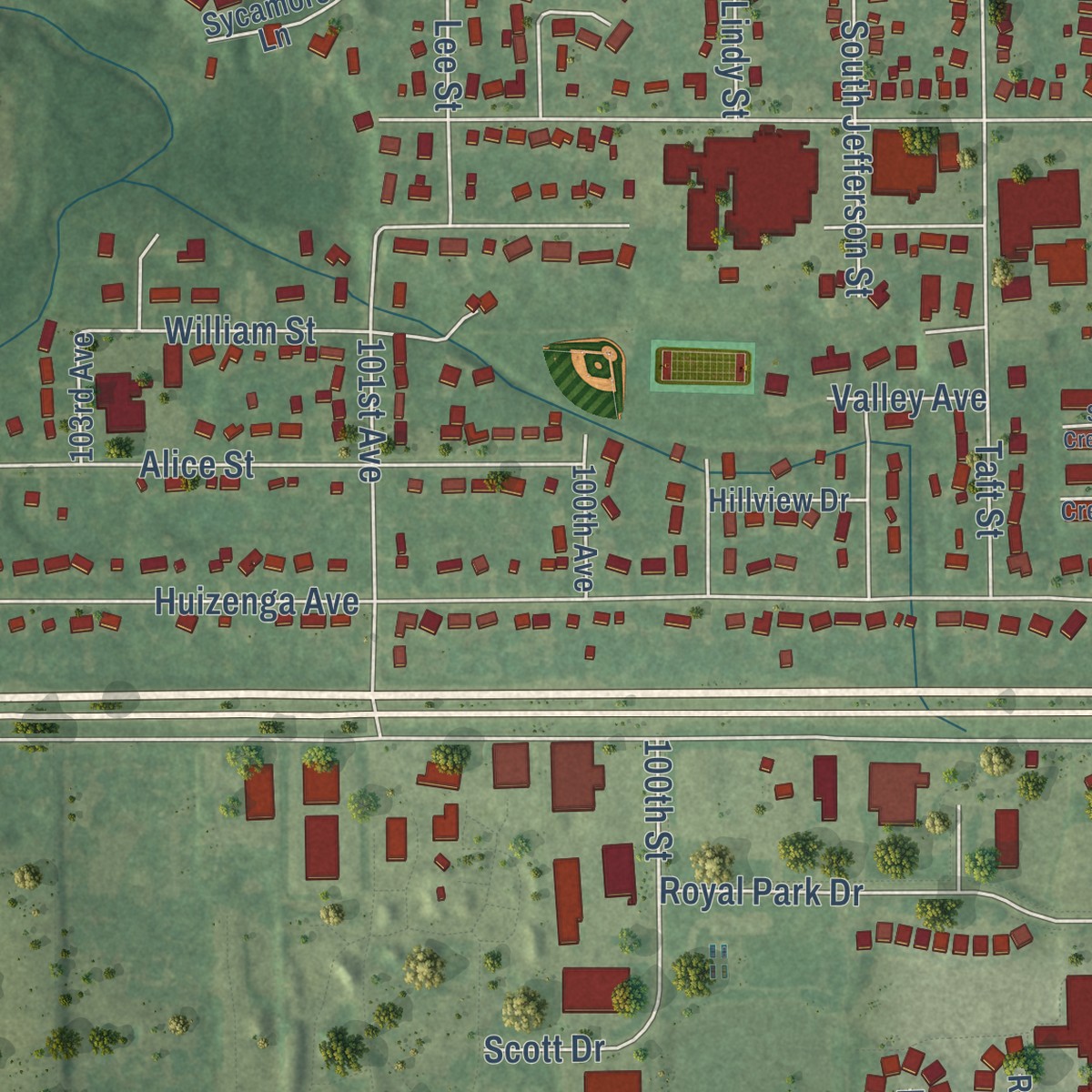 Second close-up of the map of Zeeland, Michigan print showing more streets and buildings
