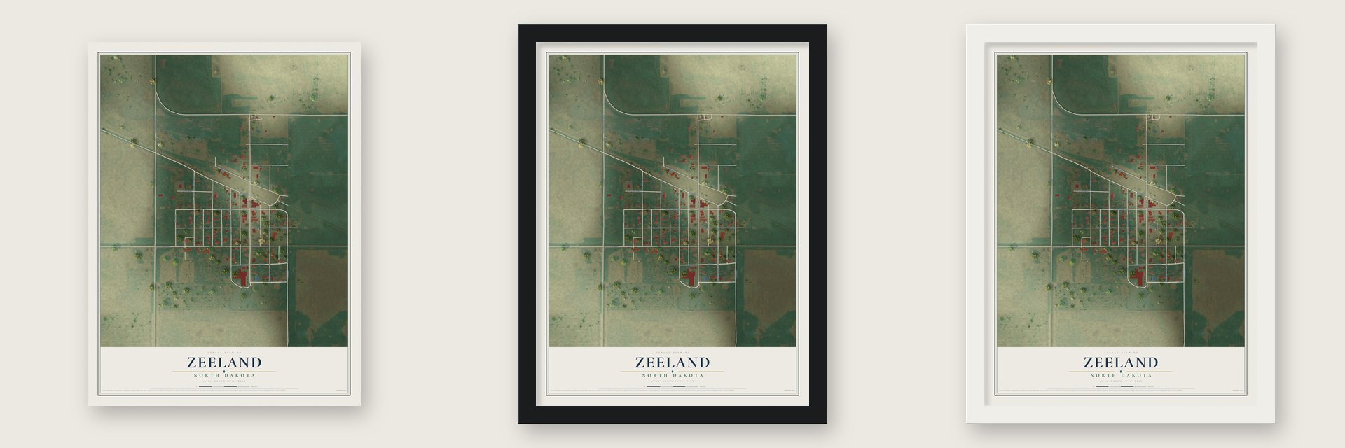 Zeeland, North Dakota map unframed, in a black wood frame and in a white wood frame