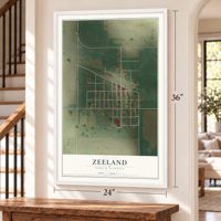 Zeeland, North Dakota map, 24 x 36 inch print in a white frame by a staircase