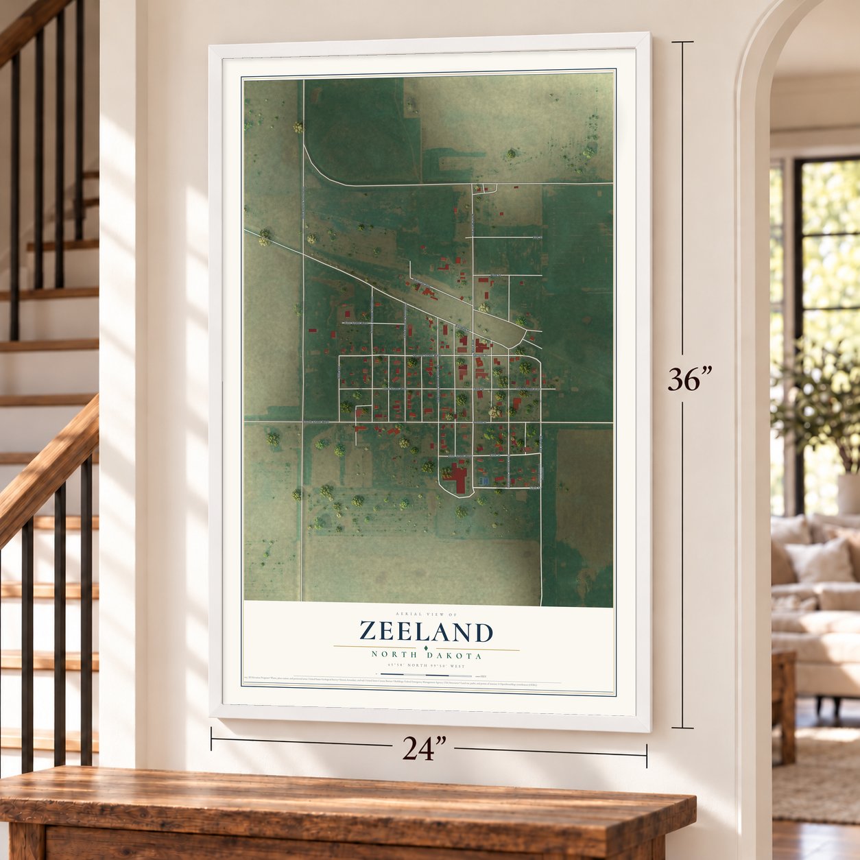 Zeeland, North Dakota map, 24 x 36 inch print in a white frame by a staircase