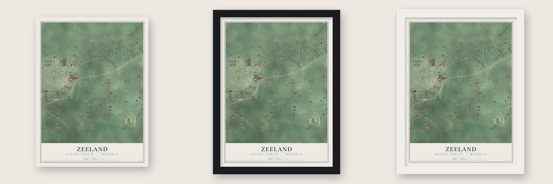 Zeeland, Ottawa County, Michigan map unframed, in a black wood frame and in a white wood frame