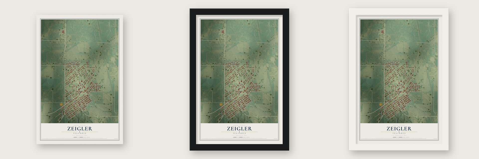 Zeigler, Illinois map unframed, in a black wood frame and in a white wood frame