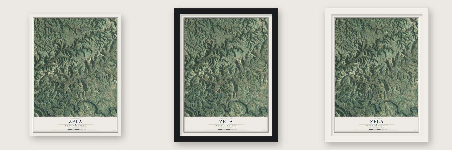 Zela, West Virginia map unframed, in a black wood frame and in a white wood frame