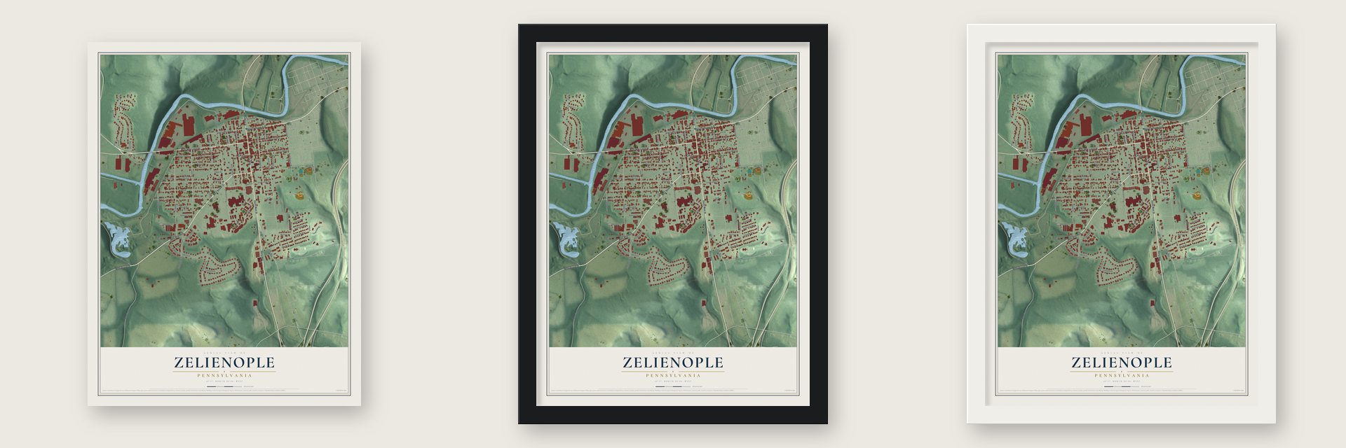 Zelienople, Pennsylvania map unframed, in a black wood frame and in a white wood frame