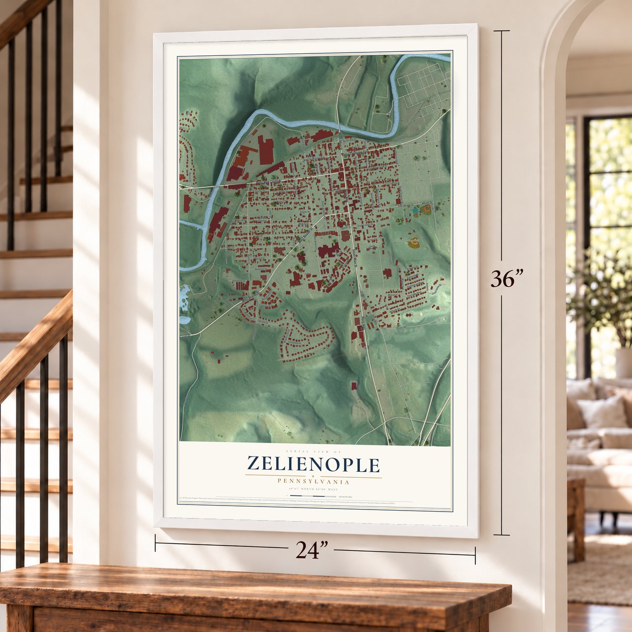 Zelienople, Pennsylvania map, 24 x 36 inch print in a white frame by a staircase