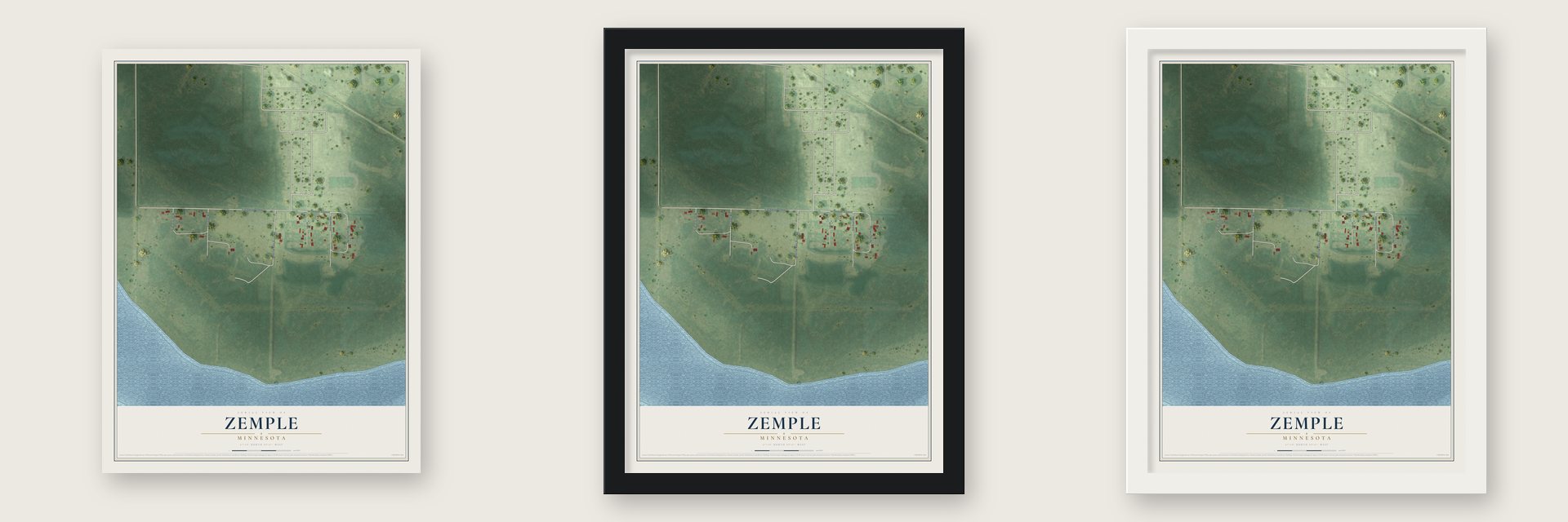 Zemple, Minnesota map unframed, in a black wood frame and in a white wood frame