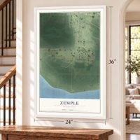Zemple, Minnesota map, 24 x 36 inch print in a white frame by a staircase