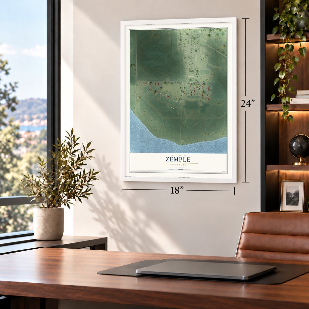 Zemple, Minnesota map, 18 x 24 inch print in a white frame in a home office