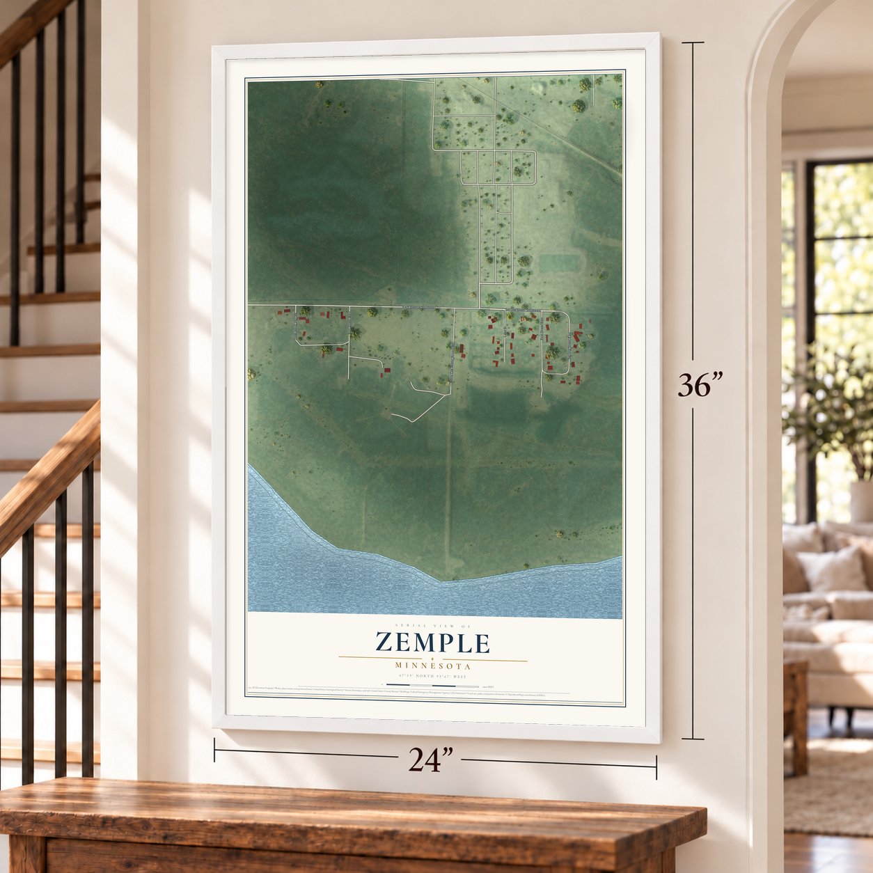 Zemple, Minnesota map, 24 x 36 inch print in a white frame by a staircase