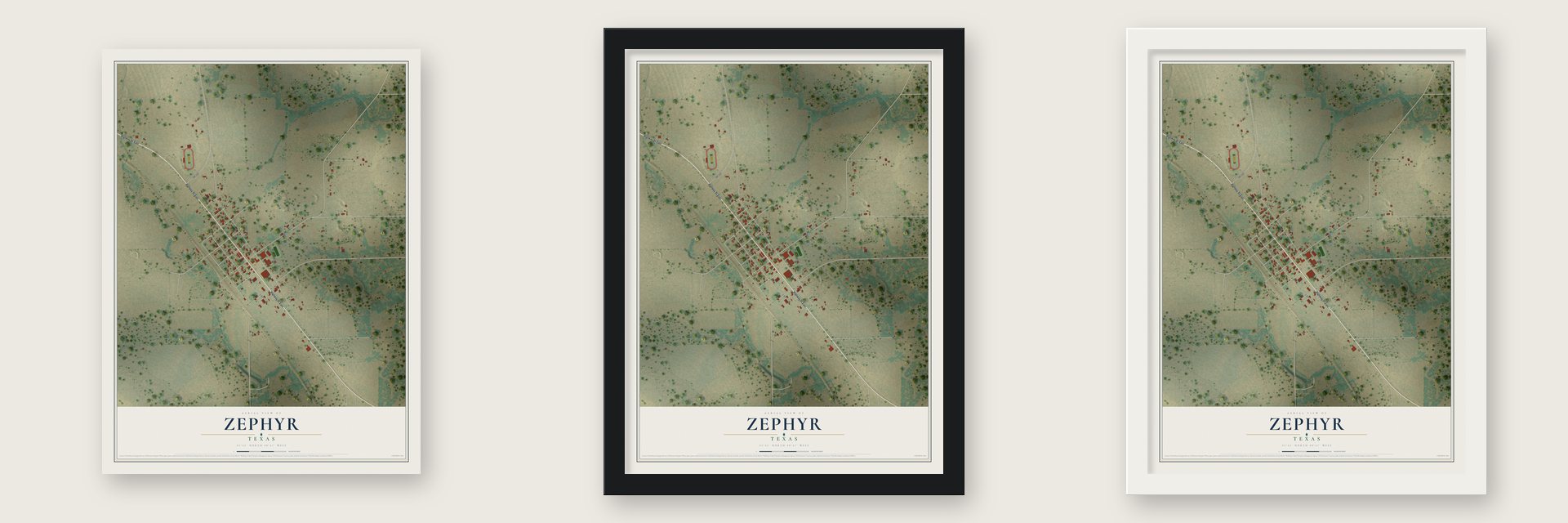 Zephyr, Texas map unframed, in a black wood frame and in a white wood frame