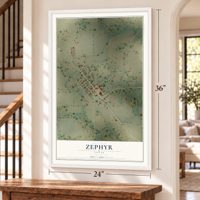 Zephyr, Texas map, 24 x 36 inch print in a white frame by a staircase