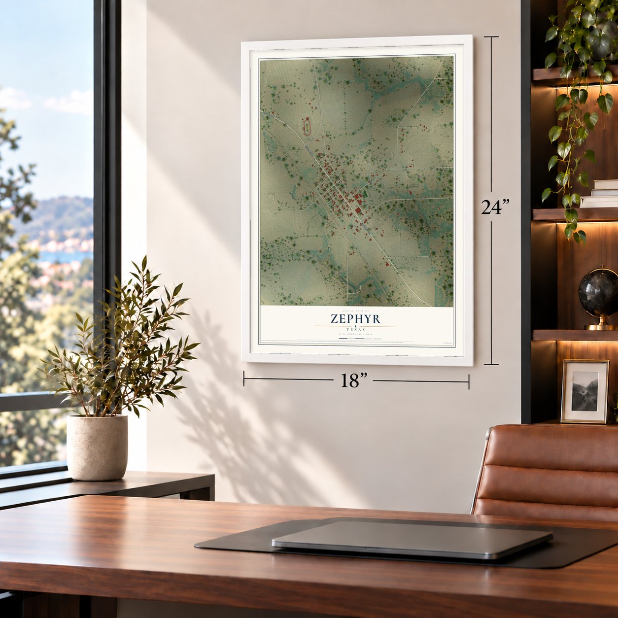 Zephyr, Texas map, 18 x 24 inch print in a white frame in a home office