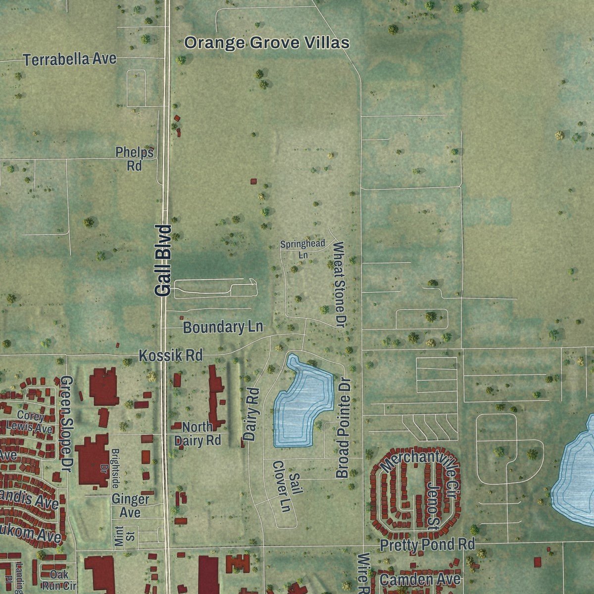 Second close-up of the map of Zephyrhills, Florida print showing more streets and buildings
