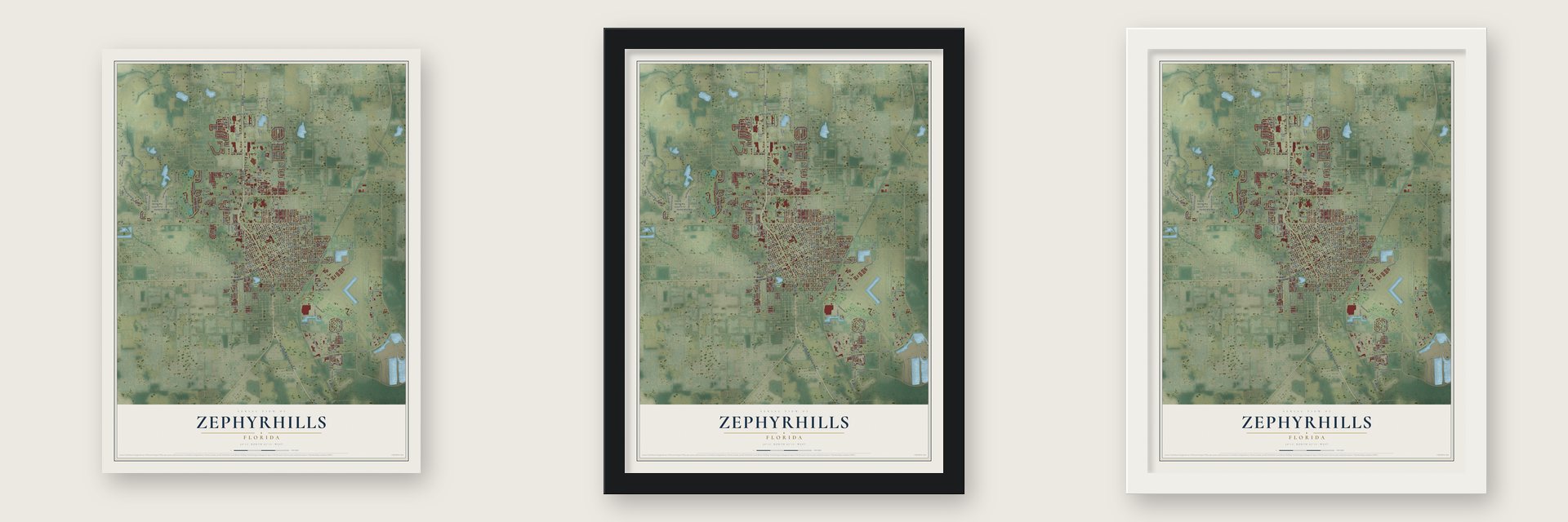 Zephyrhills, Florida map unframed, in a black wood frame and in a white wood frame