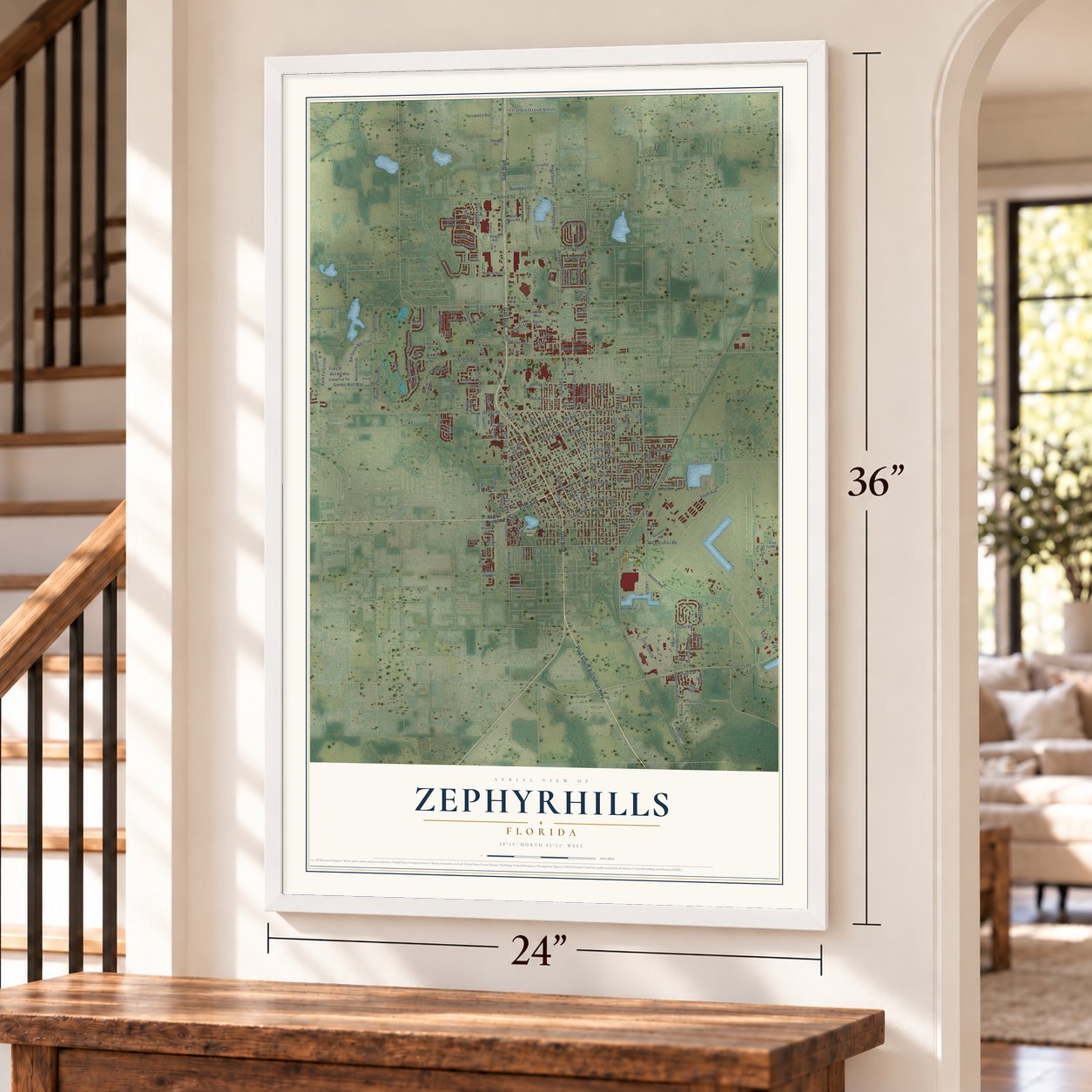 Zephyrhills, Florida map, 24 x 36 inch print in a white frame by a staircase