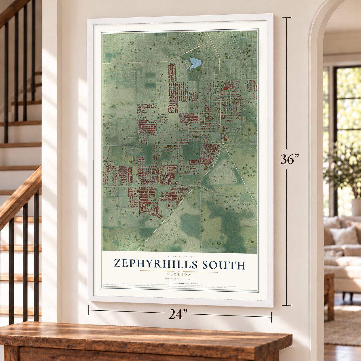Zephyrhills South, Florida map, 24 x 36 inch print in a white frame by a staircase