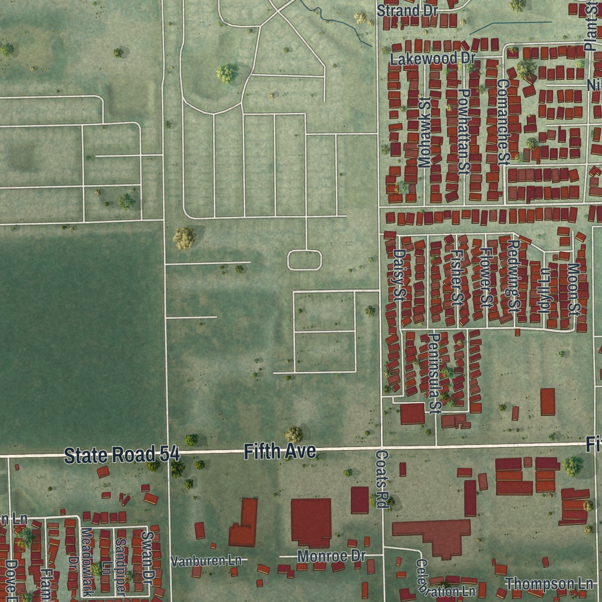 Second close-up of the map of Zephyrhills West, Florida print showing more streets and buildings