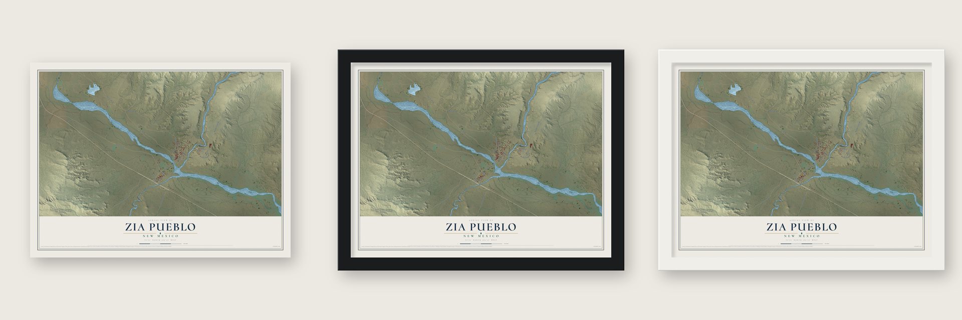 Zia Pueblo, New Mexico map unframed, in a black wood frame and in a white wood frame