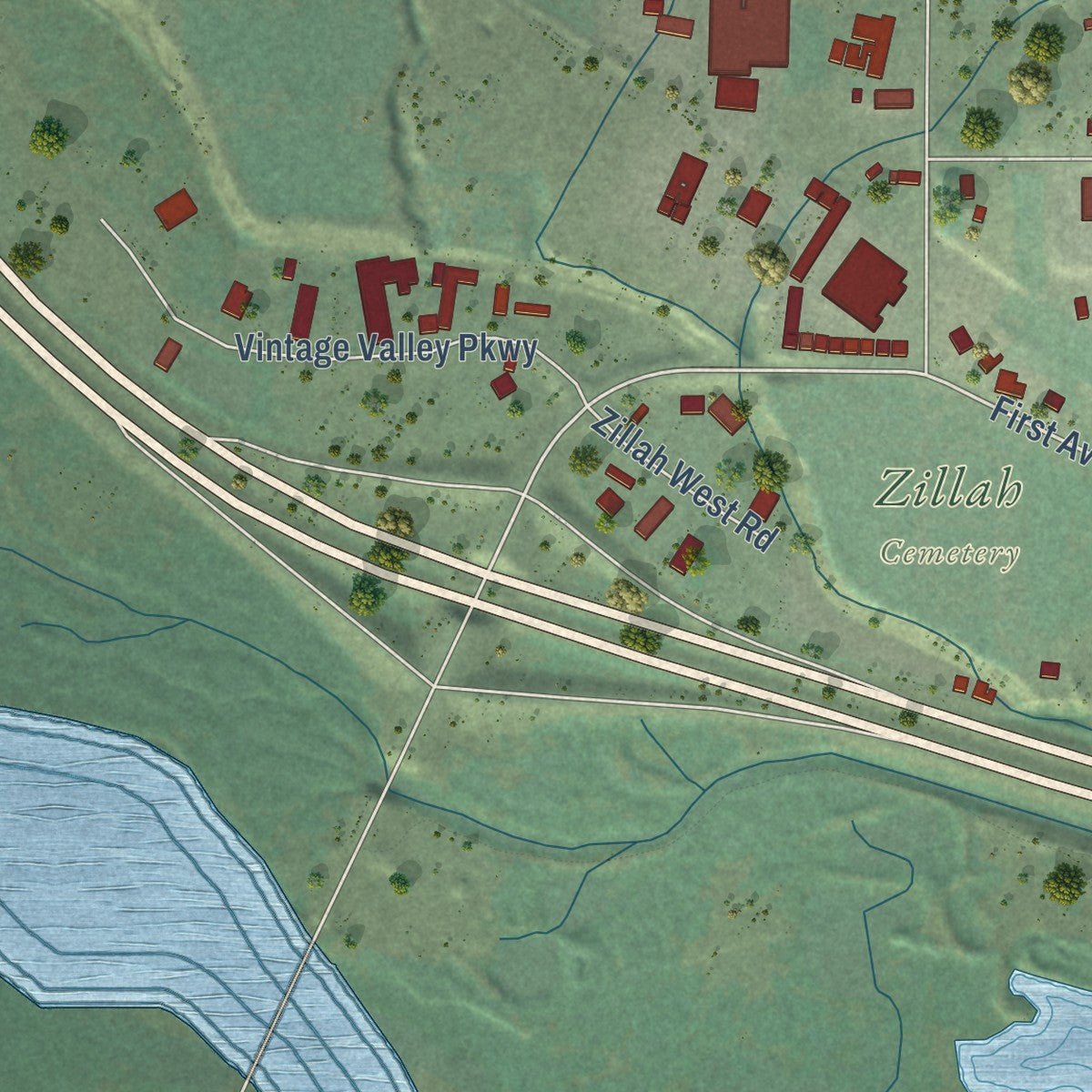 Second close-up of the map of Zillah, Washington print showing more streets and buildings