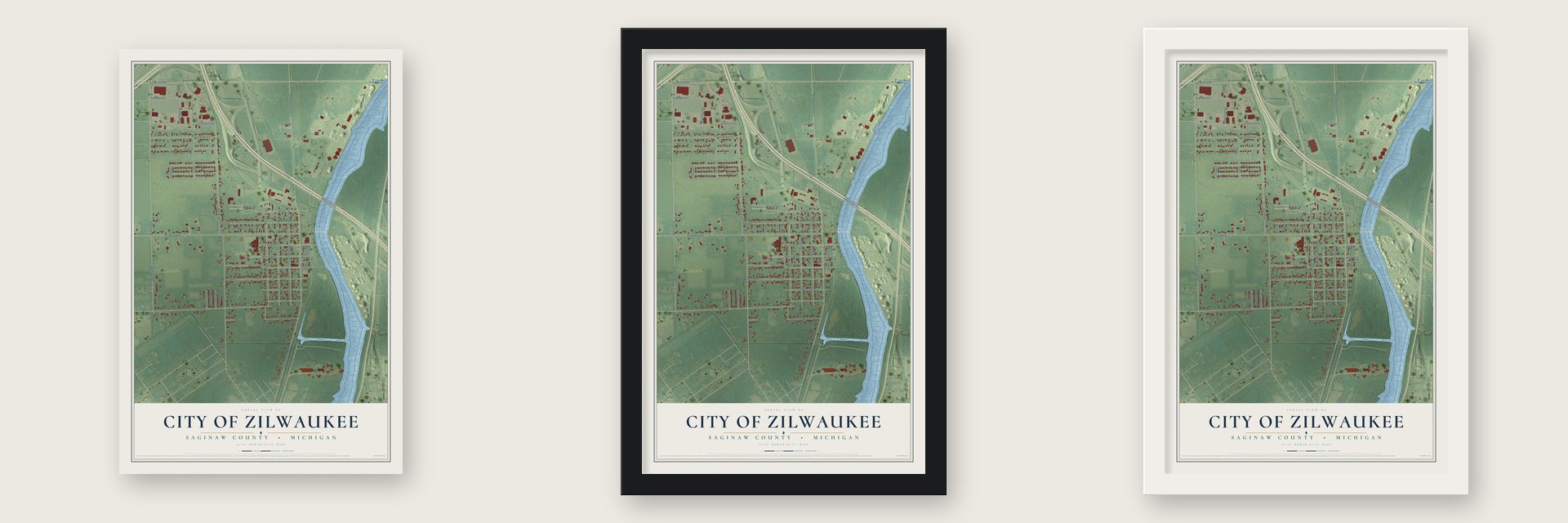 Zilwaukee, Michigan map unframed, in a black wood frame and in a white wood frame