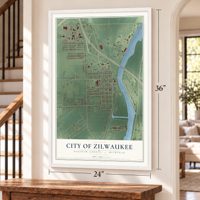 Zilwaukee, Michigan map, 24 x 36 inch print in a white frame by a staircase