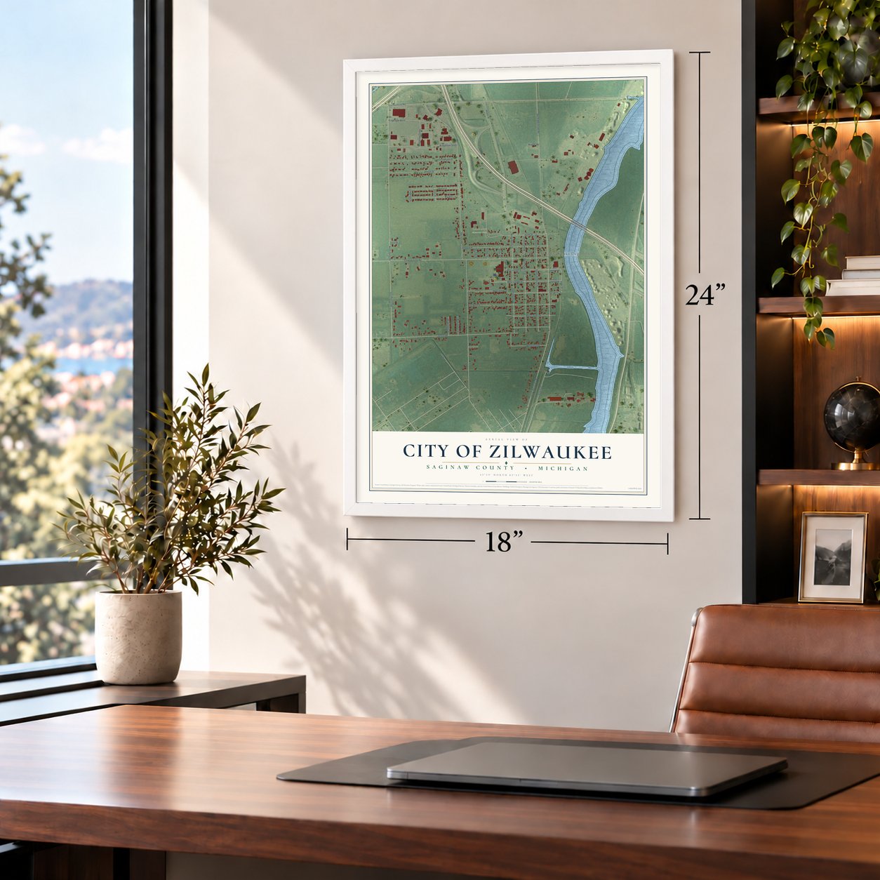 Zilwaukee, Michigan map, 18 x 24 inch print in a white frame in a home office