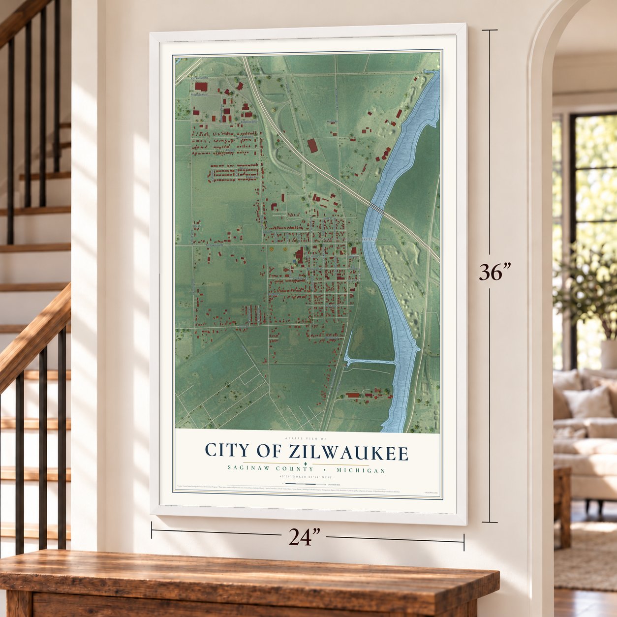 Zilwaukee, Michigan map, 24 x 36 inch print in a white frame by a staircase