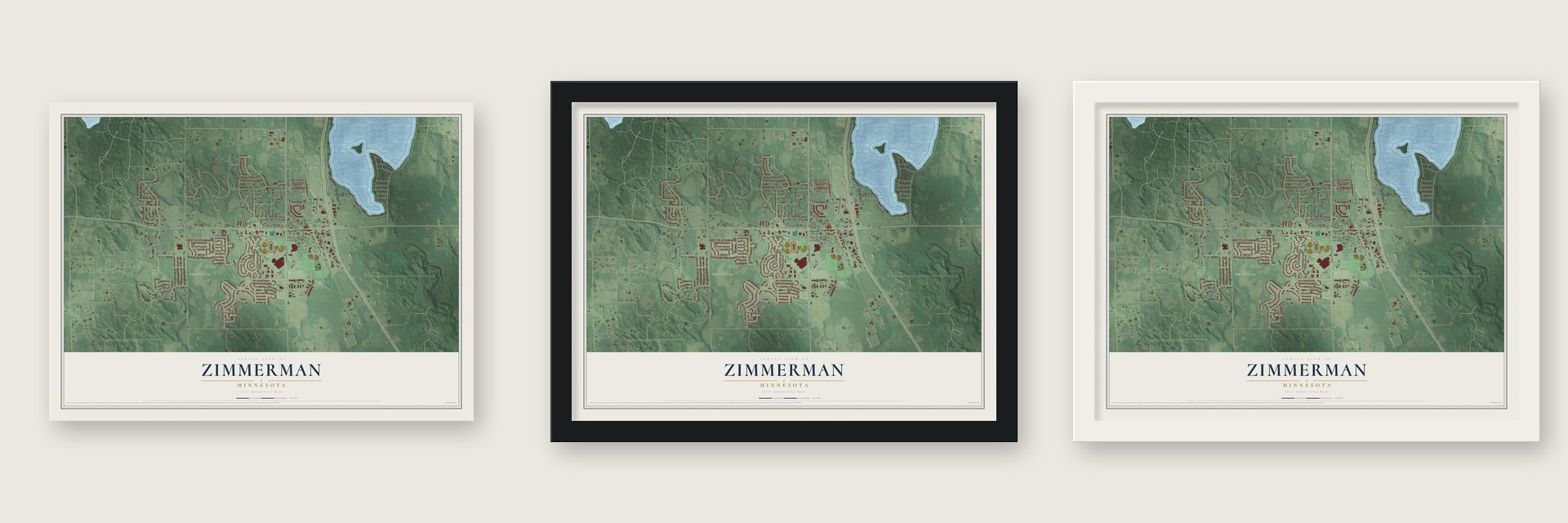 Zimmerman, Minnesota map unframed, in a black wood frame and in a white wood frame
