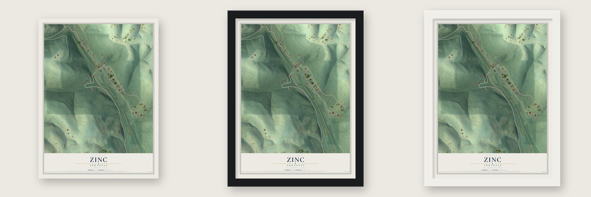 Zinc, Arkansas map unframed, in a black wood frame and in a white wood frame