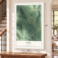Zinc, Arkansas map, 24 x 36 inch print in a white frame by a staircase