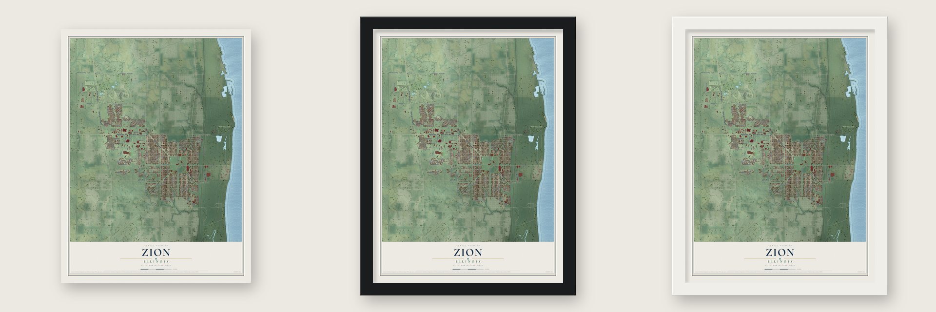 Zion, Illinois map unframed, in a black wood frame and in a white wood frame