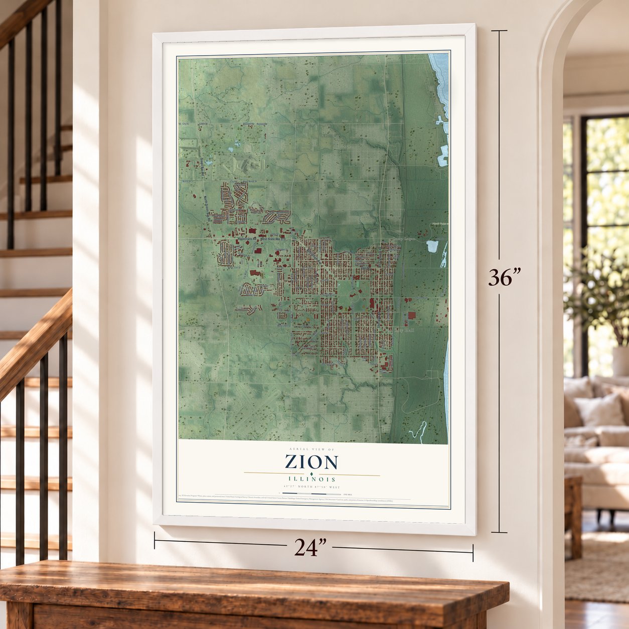 Zion, Illinois map, 24 x 36 inch print in a white frame by a staircase