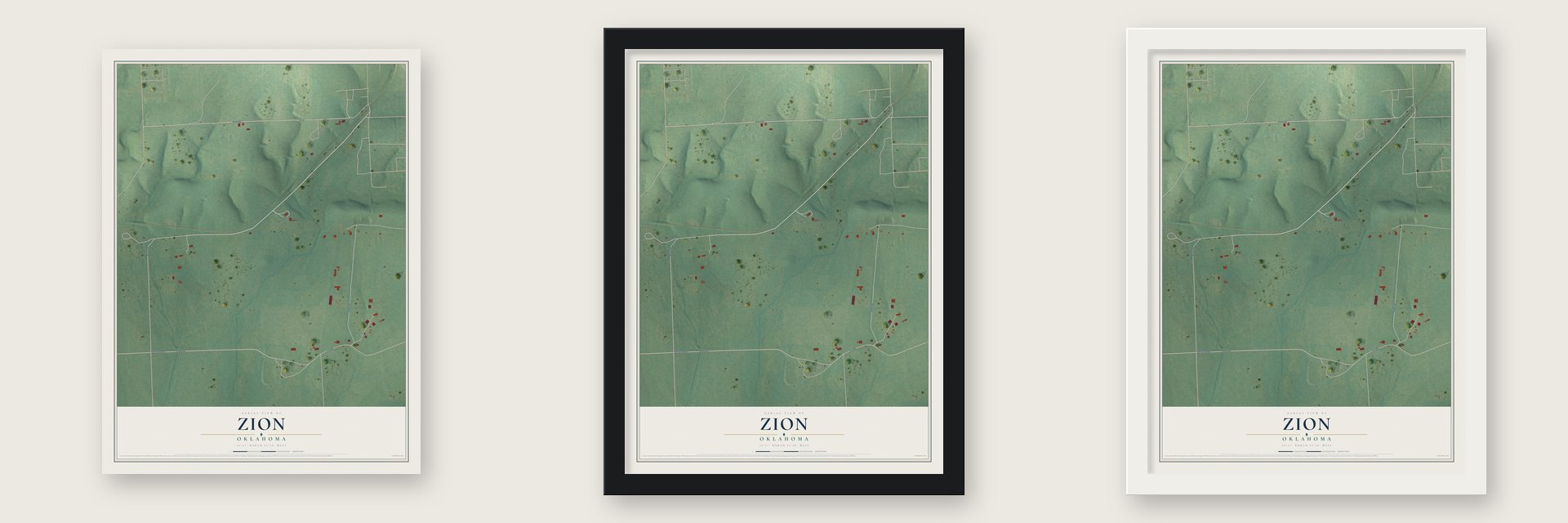 Zion, Oklahoma map unframed, in a black wood frame and in a white wood frame