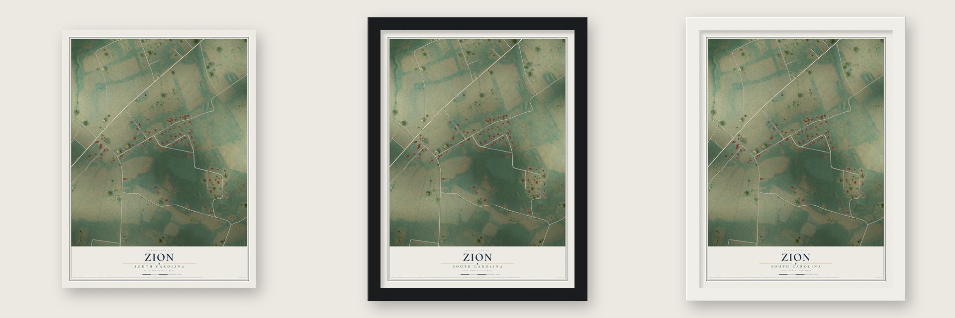 Zion, South Carolina map unframed, in a black wood frame and in a white wood frame