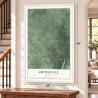Zionsville, Indiana map, 24 x 36 inch print in a white frame by a staircase