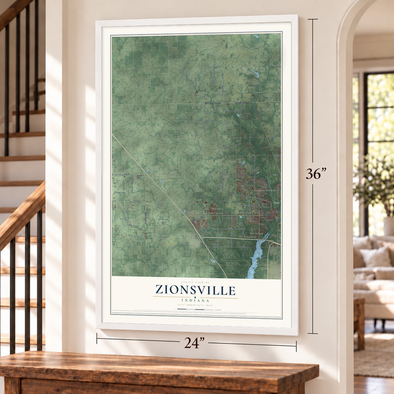 Zionsville, Indiana map, 24 x 36 inch print in a white frame by a staircase
