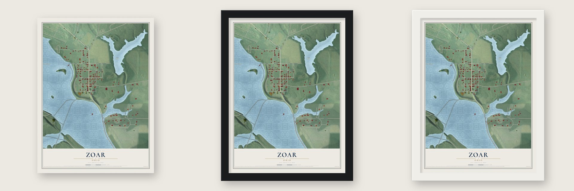 Zoar, Ohio map unframed, in a black wood frame and in a white wood frame