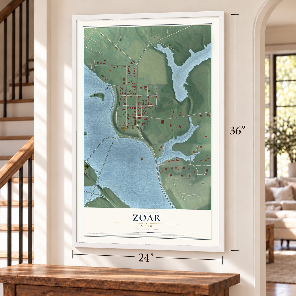 Zoar, Ohio map, 24 x 36 inch print in a white frame by a staircase